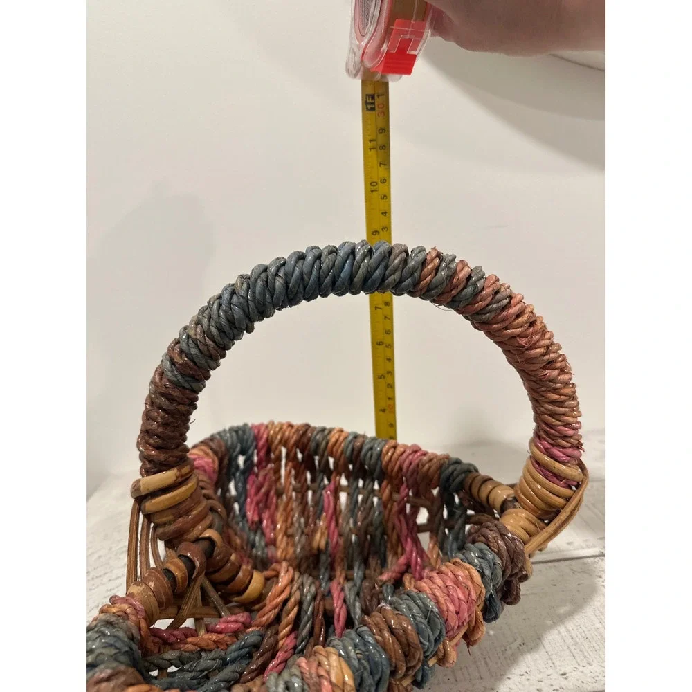 Vintage Heart Shaped Woven Basket Multi Color Twisted Rope Handle Cottagecore